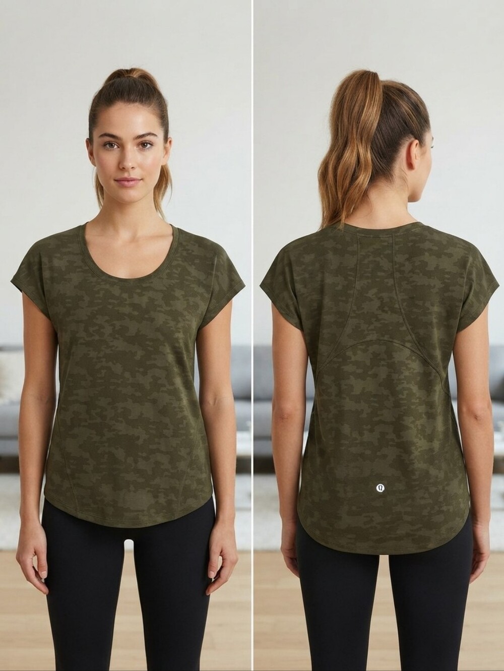 Lululemon Green Camo Short Sleeve Athletic Workout Top Size 4